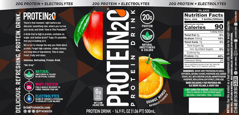 Protein2o Whey Protein Isolate Infused Water, 20g Protein, Sugar Free Sports Drink, Orange Mango, 16.9 oz Bottle (12