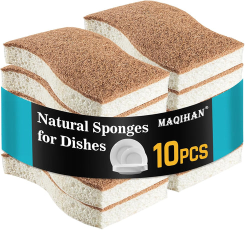 10PCS Natural Biodegradable Sponges for Dishes - Eco-Friendly Non-Scratch Kitchen Cleaning Sponge