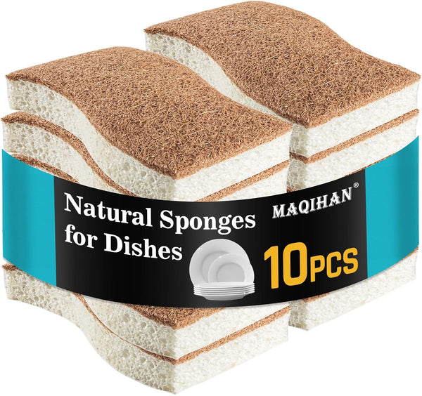 10PCS Natural Biodegradable Sponges for Dishes - Eco-Friendly Non-Scratch Kitchen Cleaning Sponge