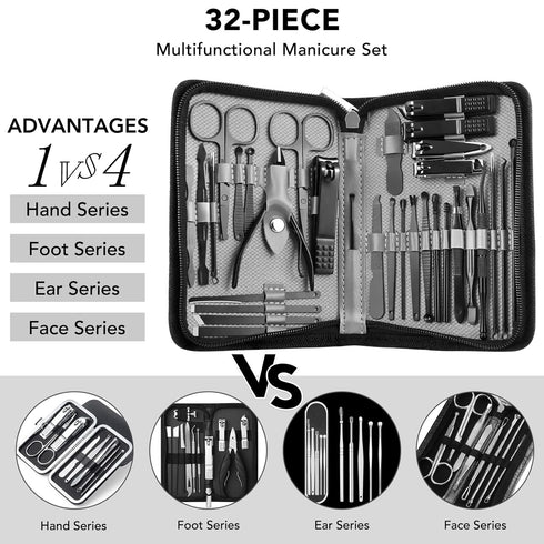 Manicure Set 32pcs, Professional Nail Clippers Kit, Stainless Steel Grooming Tools for Travel Pedicure Care