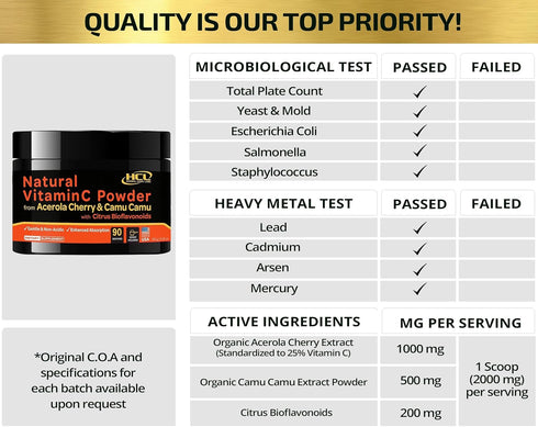 Natural Vitamin C from Organic Acerola Cherry & Camu Camu Powder, 90 Servings, Immune System & Collagen Booster
