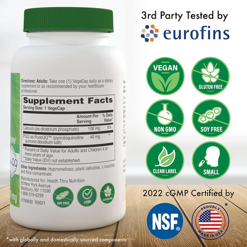 Health Thru Nutrition PQQ 40mg, 120 Servings Pyrroloquinoline Quinone, Promotes Mitochondrial Biogenesis, Vegan,