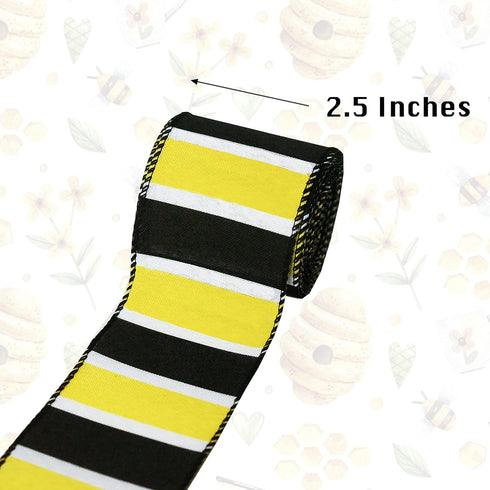 Black, White and Yellow Stripes Wired Ribbon, Bee Wired Ribbon, Spring and Summer Burlap Ribbon for Decorative 2.5”x10yds (Yellow, Black&White) by Generic