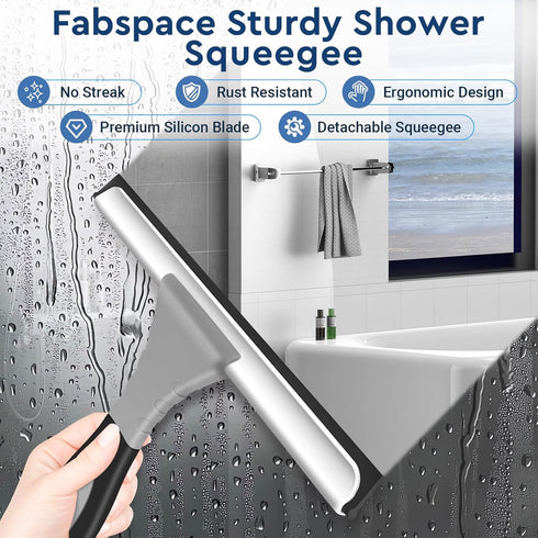 Space Saving & Detachable Silicon Shower Squeegee for Glass, Door, Mirror, Windows & Tile Walls, Portable Clean Tools with One Hook & One Adhesive, Stainless Steel-10 Inches (Gray)
