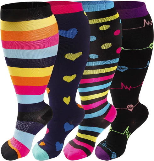 VOMFIT 4 Pairs Plus Size Compression Socks for Women & Men, Extra Wide