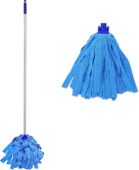 Mop with One Handle and Two Blue Microfiber Cloth Mop Heads (1 Handle & 2 Mop Heads)