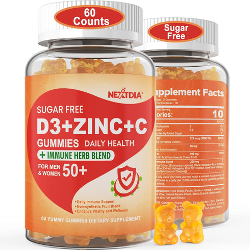 Sugar Free Vitamin C + D3 + Zinc Gummies for Adults 50+, 9 in 1 Immune Defense Supplement with Elderberry, Echinacea