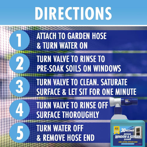 30 SECONDS Concentrated Outdoor Window & Screen Cleaner for Glass, Patio Doors, Furniture - No Screen Removal, Spray &