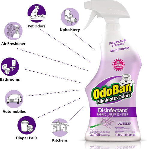 OdoBan Ready-to-Use Disinfectant and Odor Eliminator - Set of 4 Spray Bottles, 32 Ounces Each, Lavender Scent