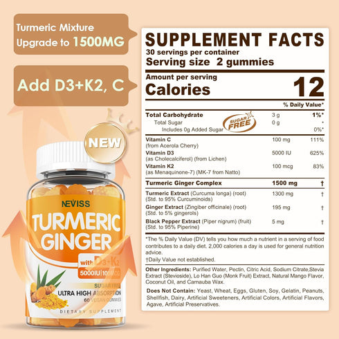 Sugar Free Turmeric Ginger Gummies - 1500mg with 5000 IU Vitamin D3 & K2 - Vegan Gummies for Comfort, Flexibility,
