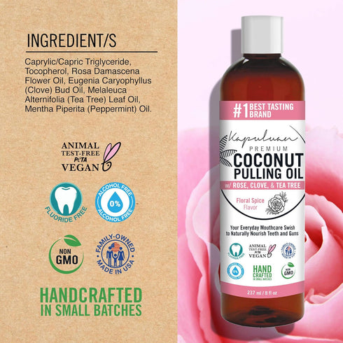 Coconut Pulling Oil for Teeth and Gums Mouthwash, 100% Pure and Natural, Non-GMO, Refreshing Rose Clove