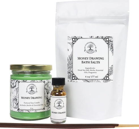 Money Drawing Spell Kit by Art of the Root | Handmade Candle, Bath Salts, Incense & Oil for Prosperity & Success