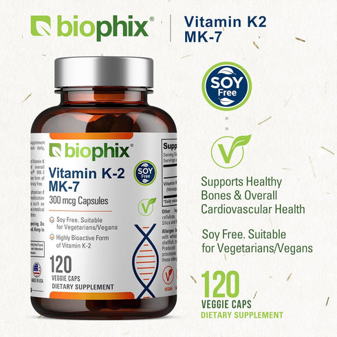 biophix Vitamin K2 MK-7 - 300 mcg, 120 Vcaps - High-Potency for Strong Bones & Immune Health