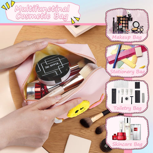 WECOOL Preppy Makeup Bag, Waterproof PU Leather Smiley Face Patch, Portable Cute Toiletry Bag with Zipper for Women