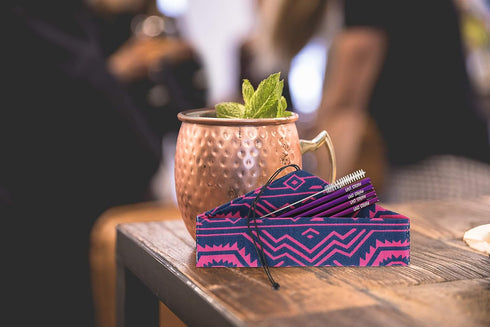 LAST STRAW Geometric Roll Bag Collection – Stainless Steel Purple Cocktail Straws and Brush in Rollbag