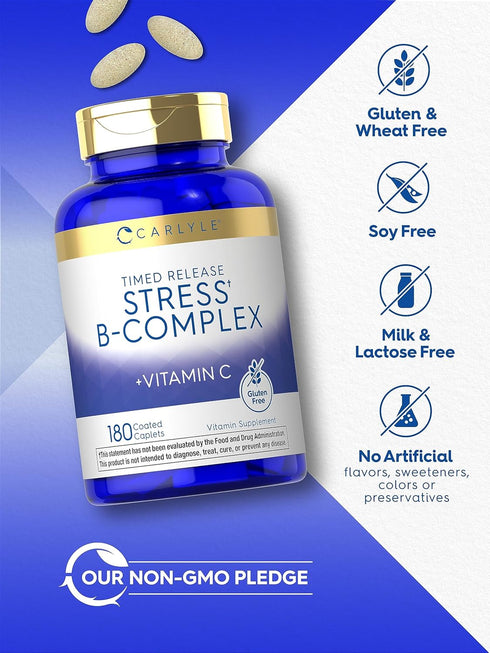 Carlyle Stress B-Complex Vitamin Supplement | 180 Caplets | with Vitamin C | Non-GMO, Gluten Free