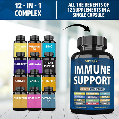 Immune 12 1 D3, Immune StrongVit Support Supplement in Complex with Vitamin C, Zinc, Echinacea, Elderberry, Ginger