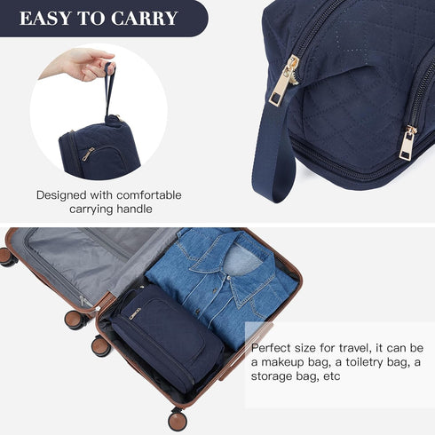 Telena Large Capacity Makeup Bag - Double Layer Portable Travel Cosmetic Bags for Women - Navy Blue