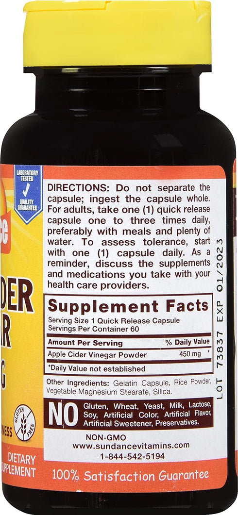 Sundance 450 60 Pack 5 Apple Cider Vinegar mg - Quick Release Capsules