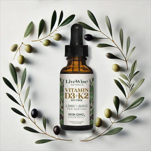 Vitamin D3 with K2 Liquid Drops, All Natural, Non-GMO, 1208iu D3 and 25mcg K2 per Serving, Supports Bones