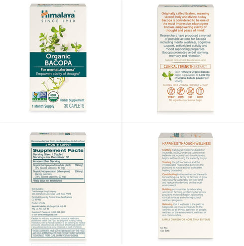 Himalaya Organic Bacopa Monnieri Nootropic Herbal Supplement, 750 mg, 30 Plant-Based Caplets