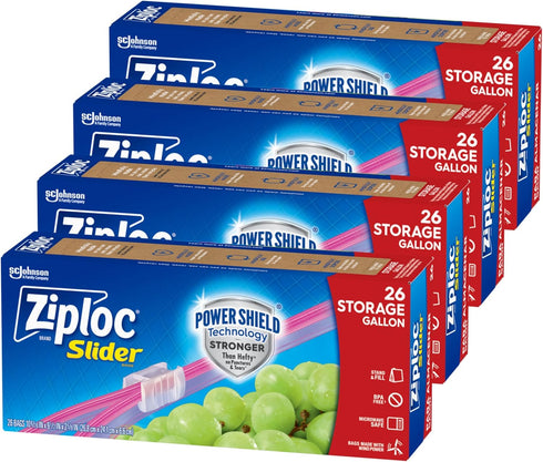 Ziploc Gallon Food Storage Slider Bags, 26 Count, Power Shield Technology for More Durability (Pack of 4).