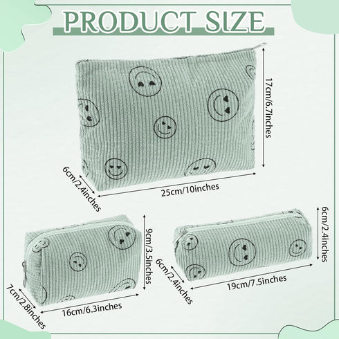 3 Pcs Makeup Bag Corduroy Cosmetic Bag Aesthetic Cute Preppy Makeup Bags for Women Smile Small Makeup Purse Pouch Travel Toiletry Bag Set Makeup Organizer with Zipper(Green, Smile Face)