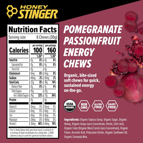 Honey Stinger Organic Pomegranate Passionfruit Energy Chew, Gluten Free, 12 Pack