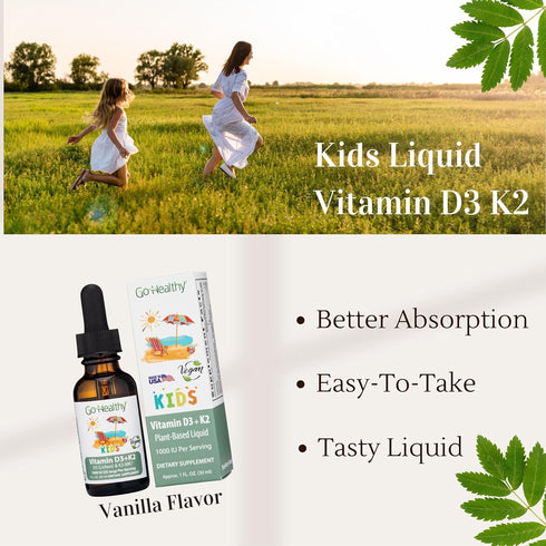 Go Healthy Kids Vitamins D3 K2 (MK-7), Liquid Vegan Drops for Children's Growth & Immune Support, 30 Servings