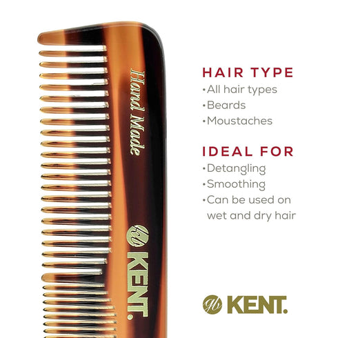 Kent A OT Small Double Tooth Hair Pocket Comb, Fine/Wide Tooth for Hair, Beard, and Mustache Grooming