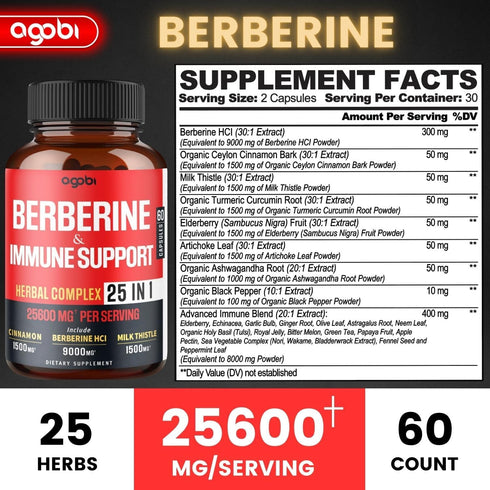 Premium Berberine Supplement with Ceylon, Ashwagandha, Turmeric, Milk Thistle, Elderberry & Black Pepper - Supports Immune System, Cardiovascular & Gastrointestinal - 60 Capsules