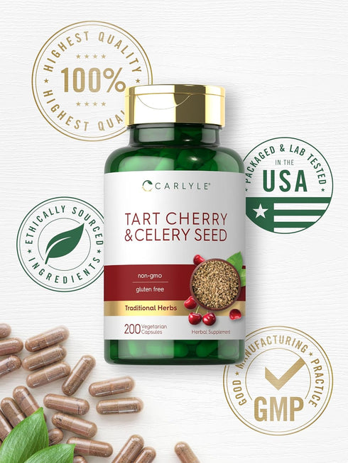 Carlyle Tart Cherry and Celery Seed Supplement, 200 Capsules, Vegetarian, Non-GMO, Gluten Free