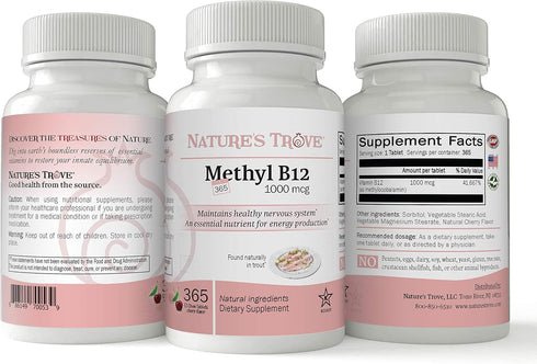 Nature's Trove Vitamin B12 Methylcobalamin 1000 mcg - 365 Count - B12 Chewable Vitamins, Cherry Flavor