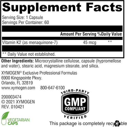 XYMOGEN K2-45 Vitamin K - Bioavailable K2 MK-7 Supplement for Cardiovascular and Bone Health, 60 Capsules