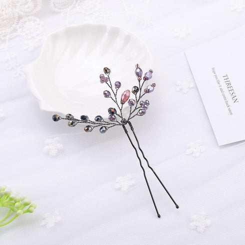 Kercisbeauty Purple Beaded Hair Pins - Pack of 3 Bridal Accessories for Wedding, Prom, Evening Party, Violet Hair Piece