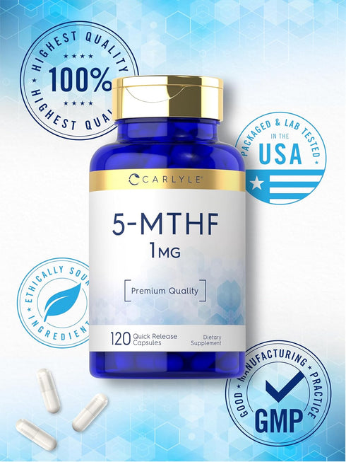 Carlyle 5-MTHF L Methylfolate 1mg | 120 Capsules | Premium Quality | Non-GMO, Gluten Free