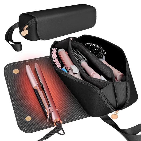 SS Hair Tools Travel Bag and Heat Resistant Mat for Hot Tools, Portable Leather Curling Iron Case for Women, Black