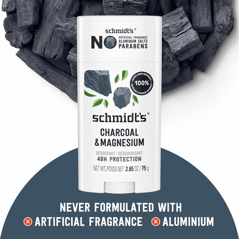 Schmidt's Aluminum-Free Vegan Deodorant Charcoal & Magnesium, 2.65 oz, Natural Ingredients