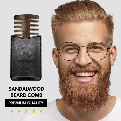 White Naturals Beard Comb for Men - Wooden Natural Sandalwood, Fine Dual Action Teeth, Includes PU Leather Case