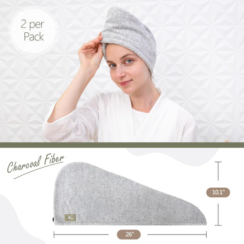 myHomeBody Hair Towel Wrap - Luxury Quick Drying Turban, Ultra Soft Charcoal Fiber Cap with Coconut Shell Button, 2 Pack
