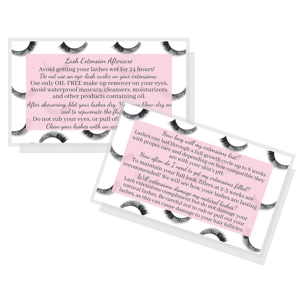 Lash Extension Aftercare Cards, 50 Pack, Eyelash Extension Supplies, Pink Design, Size 3.5 x 2" inches