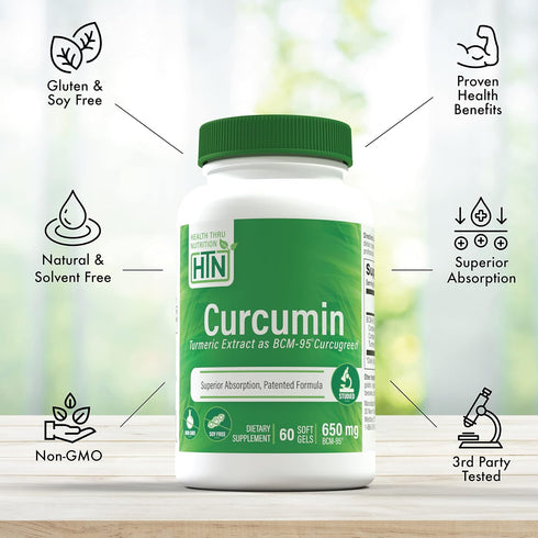 Health Thru Nutrition Curcumin 650mg BCM-95 Curcugreen, High Absorption Turmeric Curcumin Complex, 60 Capsules