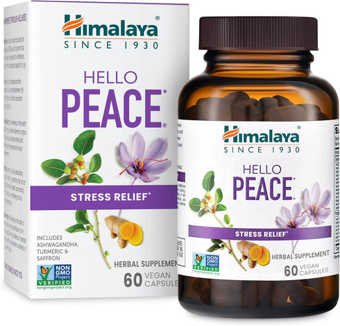Himalaya Hello Peace Daily Stress Relief Herbal Supplement, Ashwagandha, Turmeric, Saffron, 60 Capsules