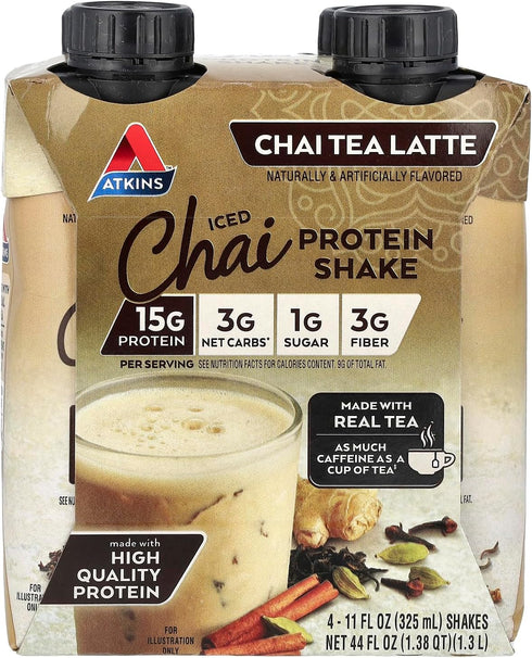 Atkins Iced Chai Tea Latte Protein-Rich Shake, Keto Friendly and Gluten Free, 4 Shakes