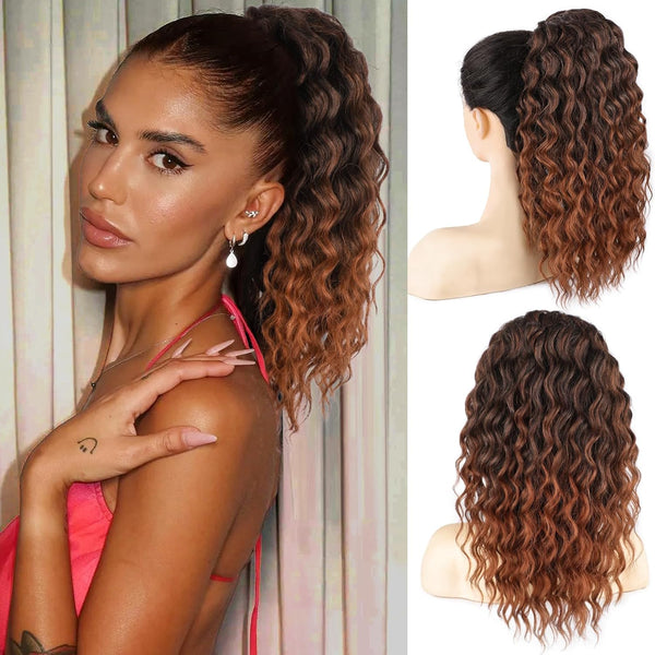 Curly Ponytail Extension Drawstring 16 Inch for Women, Natural Black Mixed Medium Auburn Clip-in Hairpiece