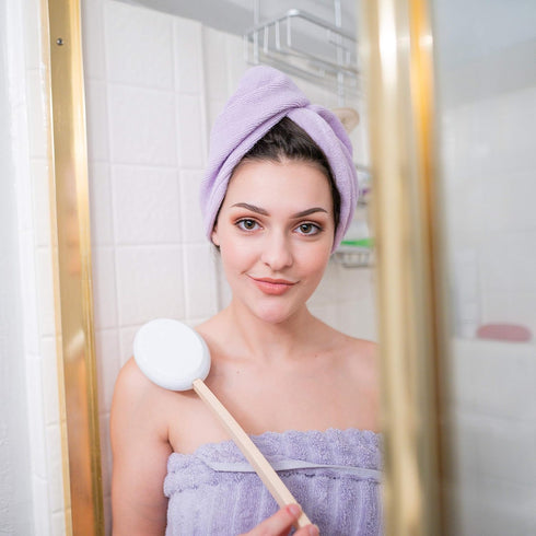 Lotion Applicator for Back, Legs, Feet - Sunscreen Applicator, Long Curved Wooden Handle Body Brush