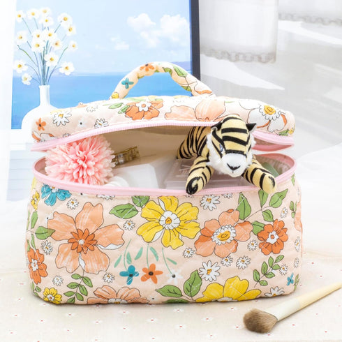 PAZIMIIK Cotton Makeup Bag for Women, Large Quilted Travel Cosmetic Case, Floral Orange