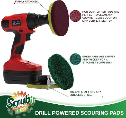 SCRUBIT Heavy Duty Drill Brush Power Scouring Pads, Household Cleaning Kit Includes Drill Attachment, 3 Red, 3 Stiff