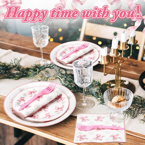Havawish 96 Set 24 Pcs Pink Bow Snowflake Paper Plates Winter Wonderland Plates and Napkins It's Cold Outside Winter