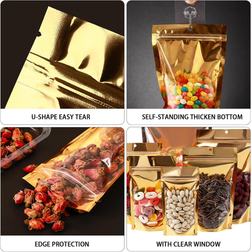300 Pcs Mylar Bags for Food Storage - 4x6 Mylar Bags with Window Stand Up Bags, Small Resealable Smell Proof Mylar Bags